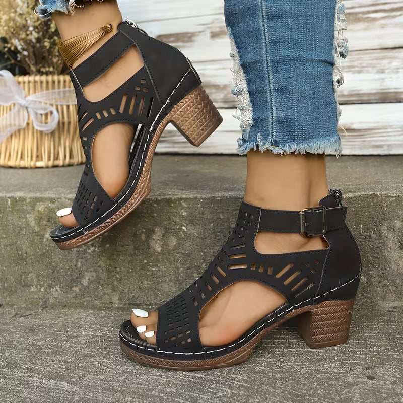 Chunky Heel High Hollow Peep
