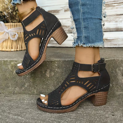 Chunky Heel High Hollow Peep
